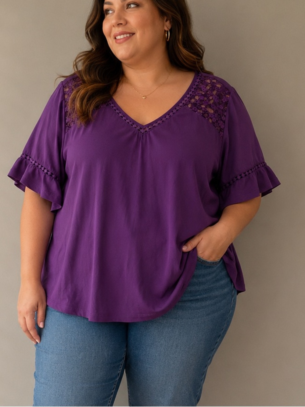 Emery Rose Purple Lace Trim Flutter Sleeve Blouse 4XL